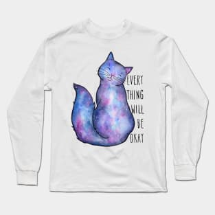 Everything Will Be Ok Blue Galaxy Cat Long Sleeve T-Shirt